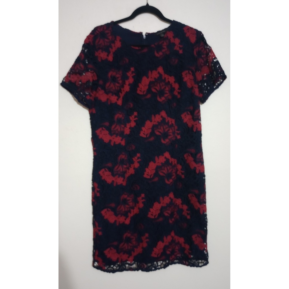 Banana Republic Navy Blue Red Floral Lace Sheath Dress Size 12 Short Sleeve